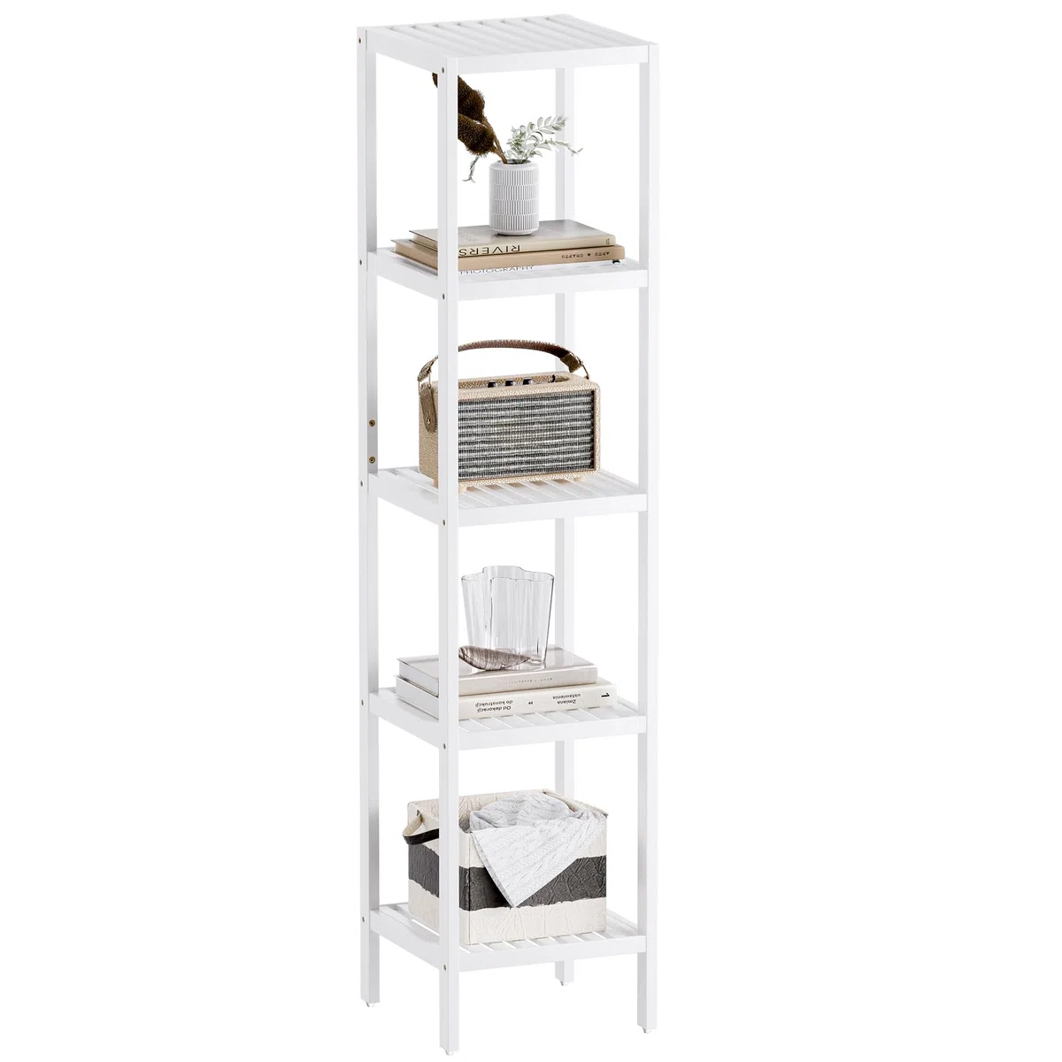 SMIBUY Estante de Almacenamiento para el baño, Organizador de estantes de bambú de 5 Niveles, Unidad de estantería Multifuncional para la Sala de Estar, el Dormitorio y la Cocina (Blanco)