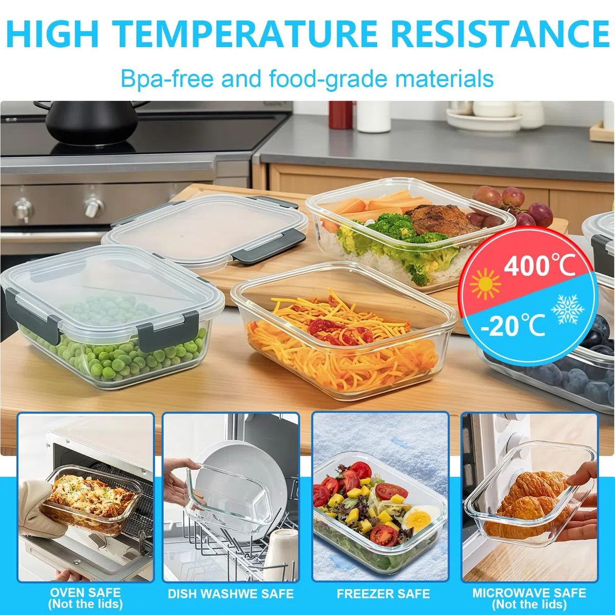 KUMD Paquete de 5 recipientes de vidrio para almacenamiento de alimentos de 36 onzas con tapas de cierre hermético (1040ml) - Cajas de comida y almuerzo a prueba de fugas, aptas para horno, microondas