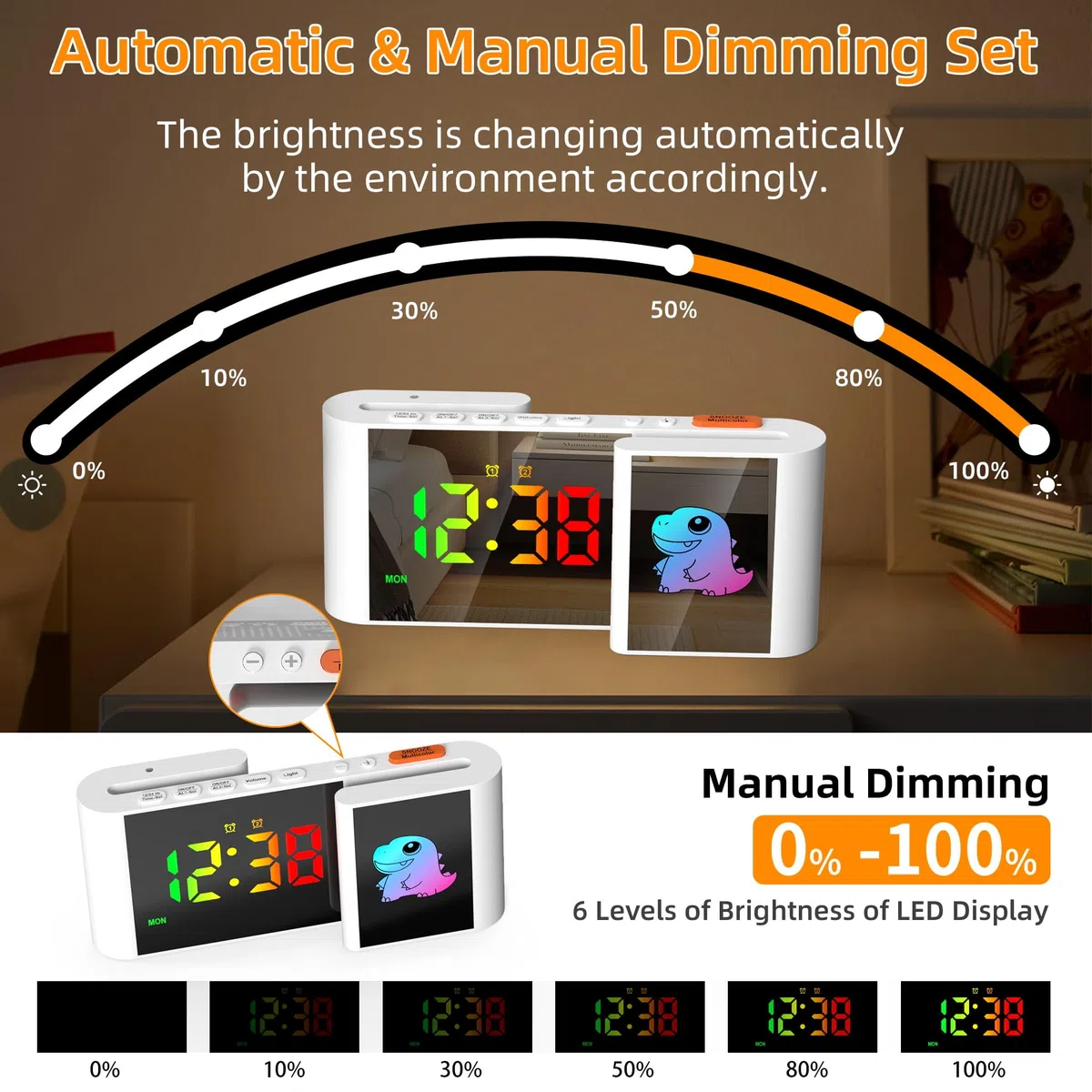 Reloj despertador digital con pantalla RGB, atenuación automática, doble alarma, pantalla semanal, volumen y brillo ajustables, puertos de carga USB, reloj para niños, decoración para