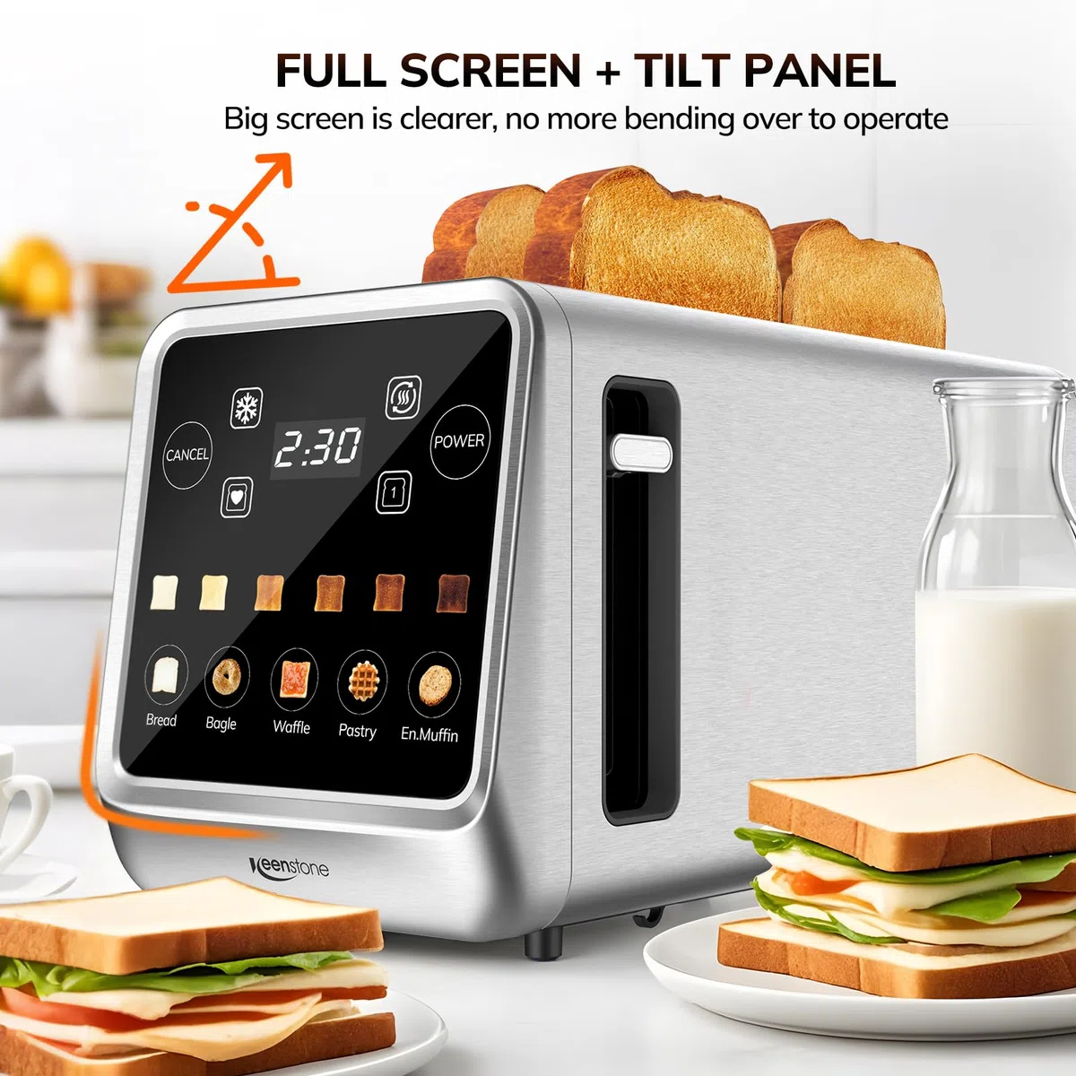 Keenstone tostador de 4 rebanadas, tostador digital inteligente con visualización táctil, función de memoria, tostado de una sola ranura, temporizador, recalentar y descongelar para bagels, pan