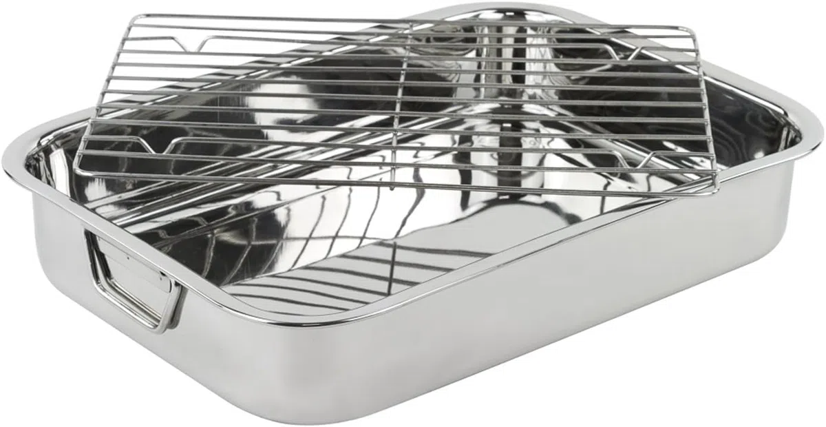 MGE - Bandeja de Horno Universal con Rejilla 40 cm - Fuente Rectangular de Acero Inoxidable para Asar, Hornear y Cocinar Carnes y Verduras con Menos Grasa