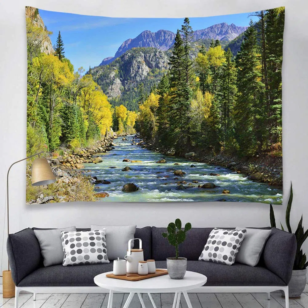 YISURE Tapiz de pared de bosque de montaña corriente, paisaje de la naturaleza pintoresca verde pino árbol de pared Tapices 274 x 208 cm para dormitorio sala de estar