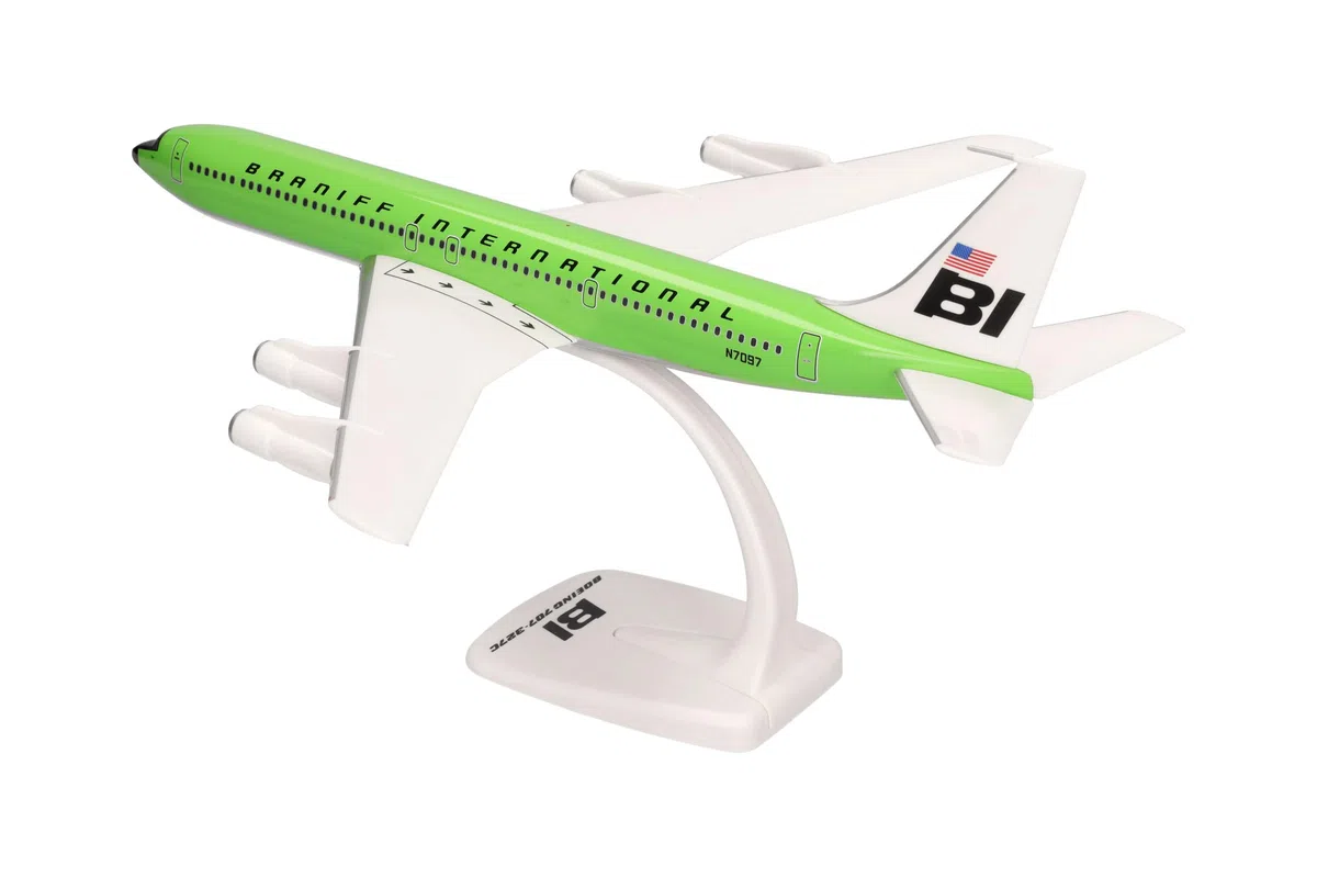 Herpa Miniatura del avión Braniff International Boeing 707-320 - Snap-Fit, Escala 1/144, Modelo prefabricado, maqueta de colección, modelismo, avión con Soporte, Figura plástico