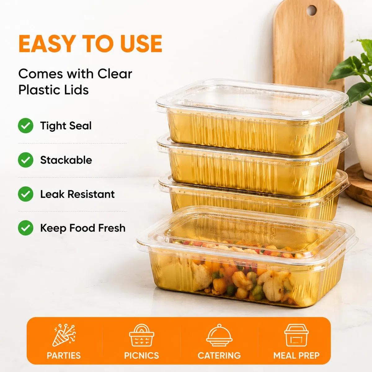 Paquete de 40 sartenes de aluminio resistentes doradas de 8.7 x 6 x 1.8 pulgadas con tapas, recipientes de papel de aluminio de 35 onzas/2.2 libras de capacidad con tapas, sartenes de aluminio