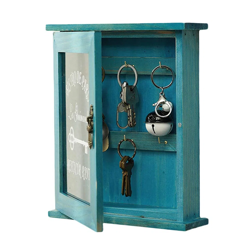 Pssopp Caja Porta Llaves de Madera para Montaje en Pared, Gabinete Organizador, Azul