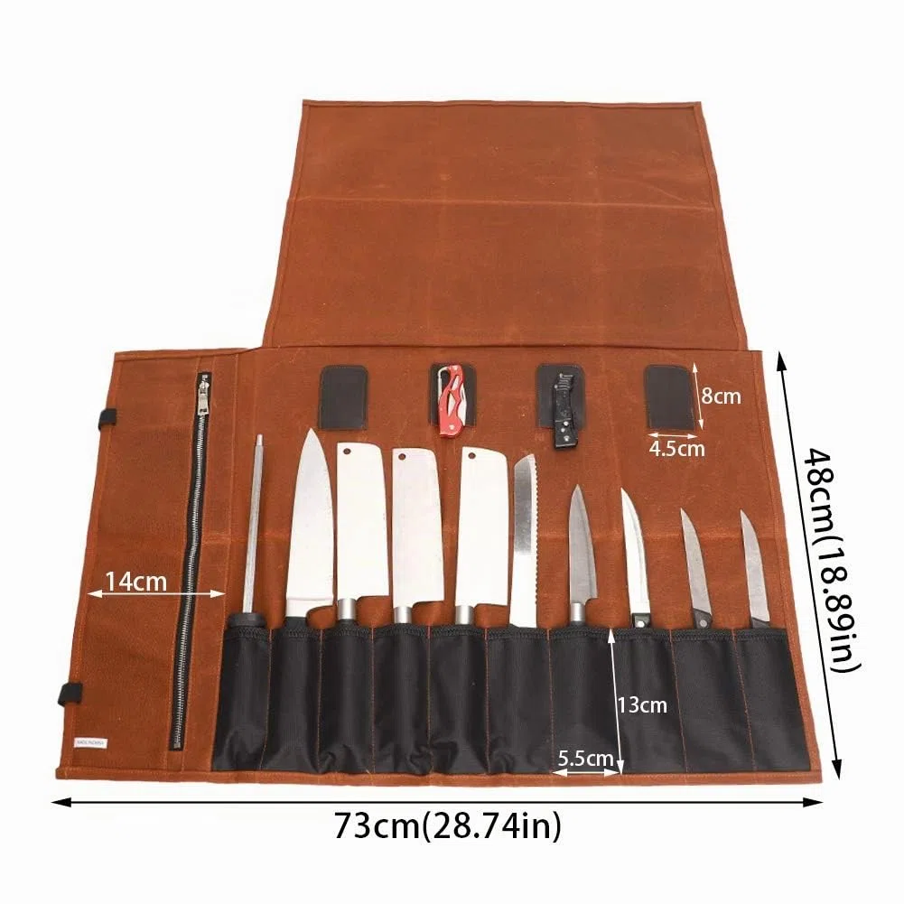Bolsa para cuchillos de chef, lona encerada de 16 onzas, bolsa impermeable con cierre, 15 ranuras para utensilios de cocina, bolsa de almacenamiento, regalo para papá y marido, caqui, 74*47cm