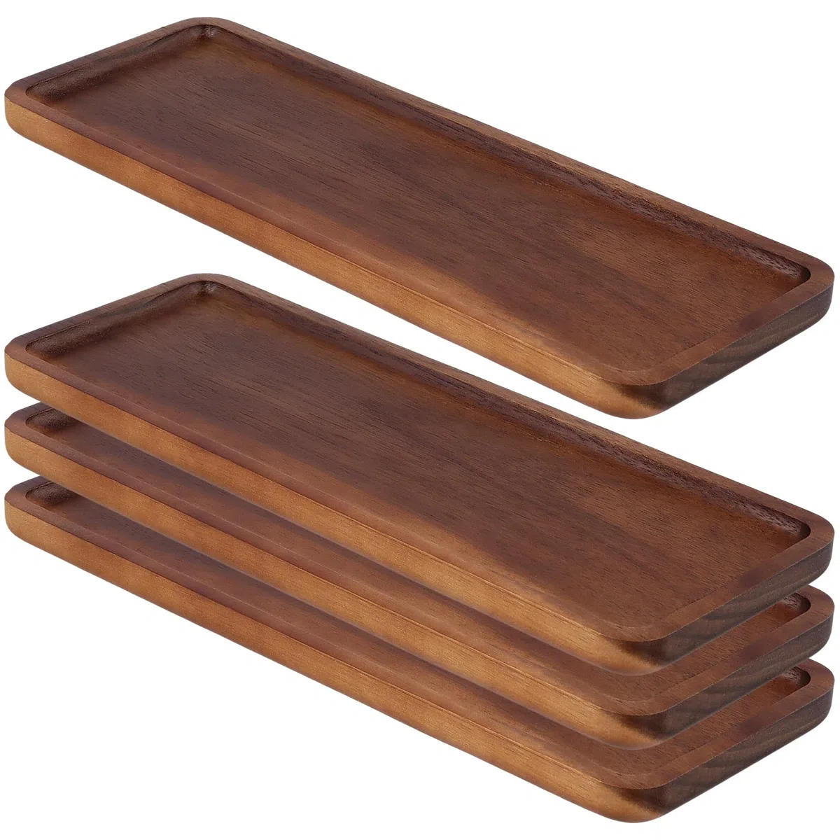 Juego de 4 platos de madera de acacia, bandeja rectangular de 11 x 4 pulgadas con borde elevado para exhibición de frutas y decoración del hogar