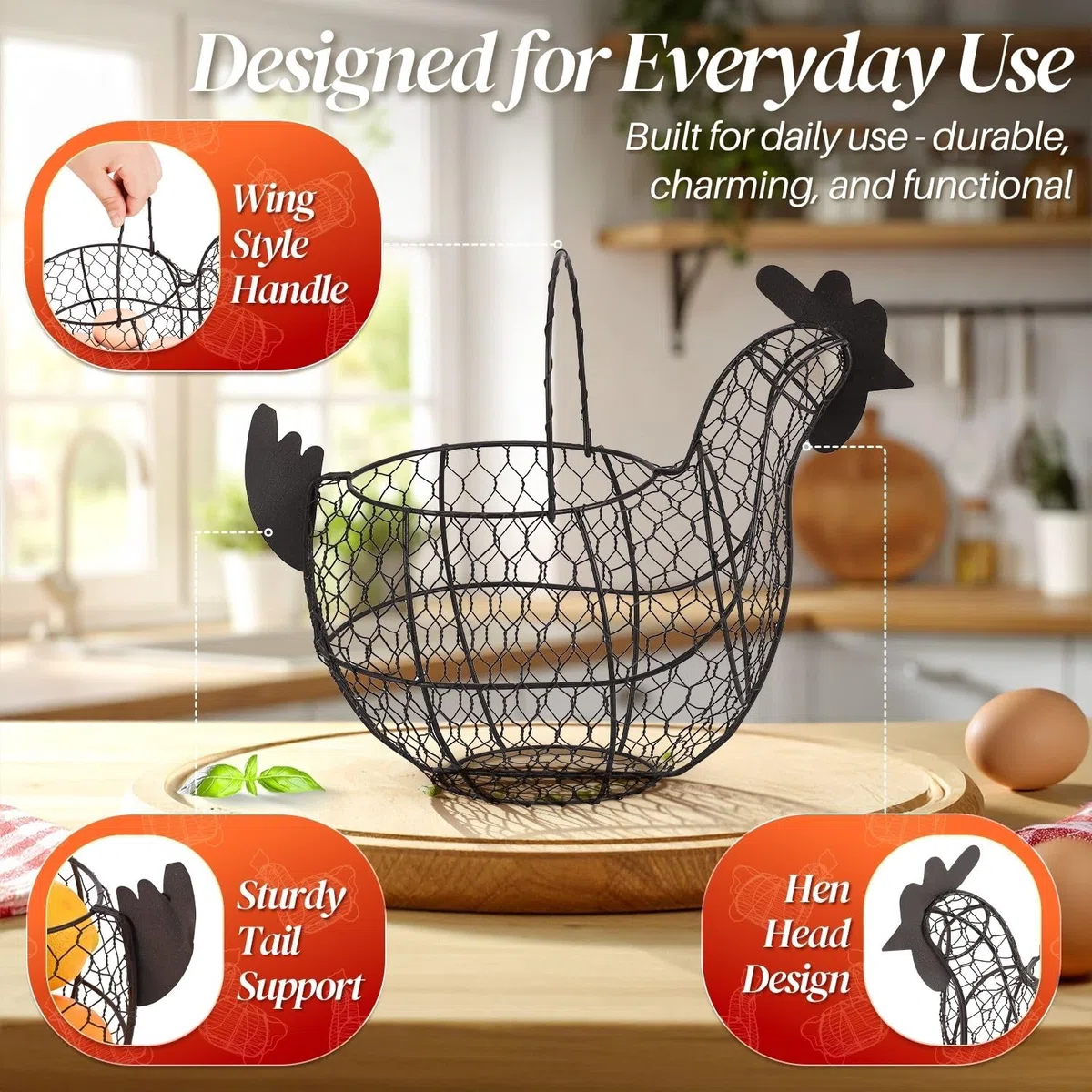 Flexzion Cesta de huevo de gallina, soporte de almacenamiento de huevos con asa, para huevos, frutas, verduras, estilo rústico de granja, color negro