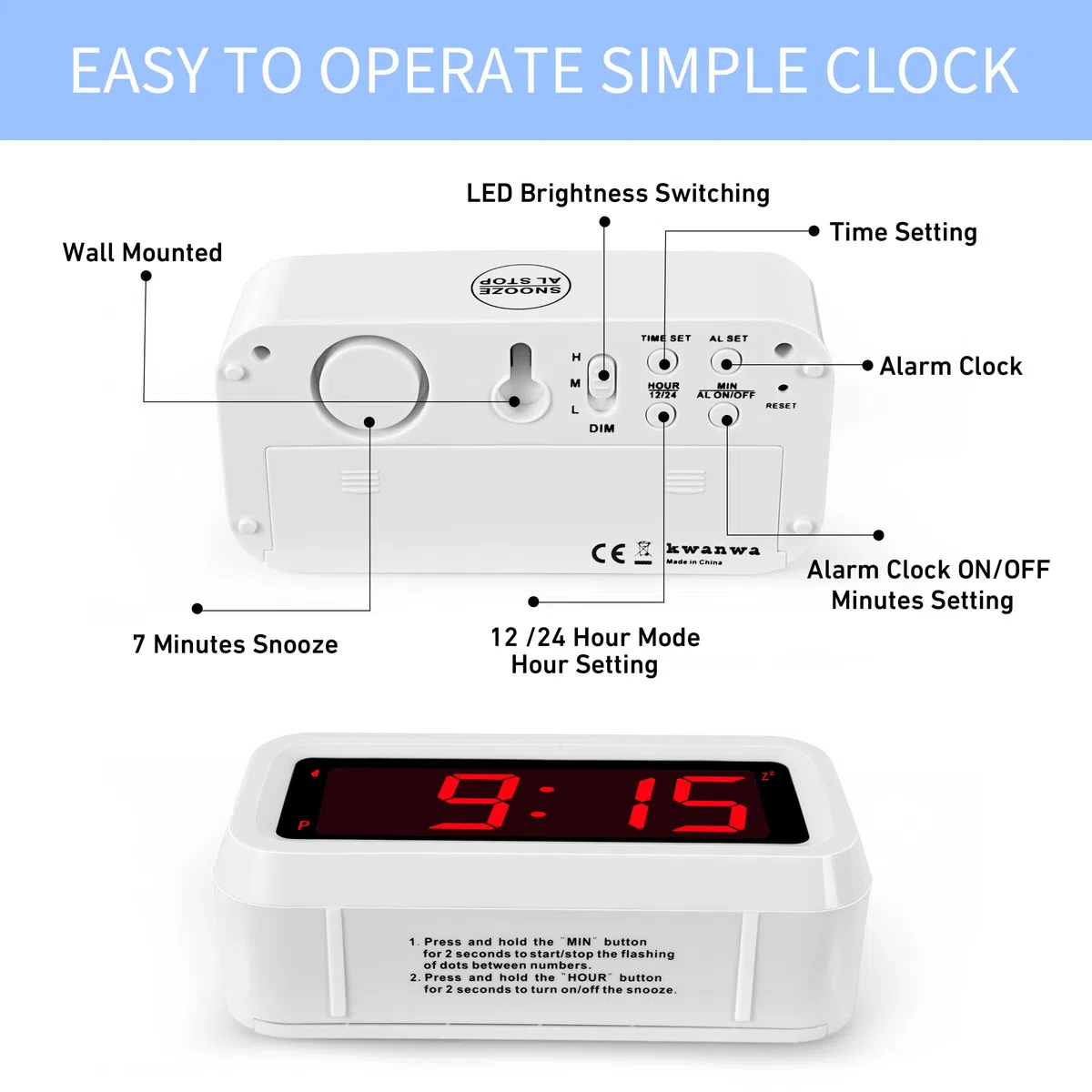 KWANWA Reloj Despertador LED Que Funciona con Pilas con números Rojos de 1.2 Pulgadas, repetición, Brillo Ajustable (Blanco)…