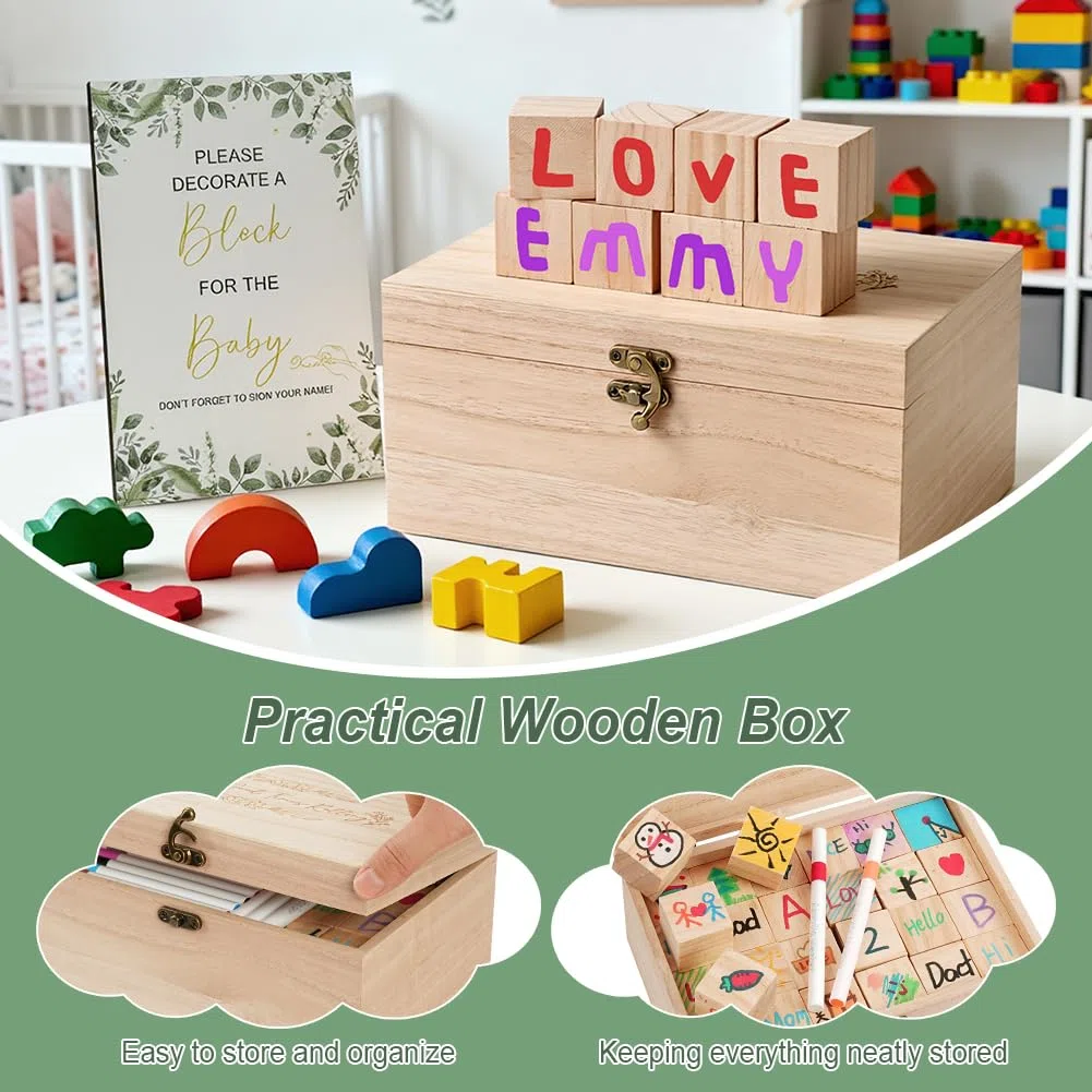 Bloques de Decoración para Actividades,Juego de 75 Letreros,Mini Natural Cubos de Madera con 52 Bloques de Madera,24 Bolígrafos,1 Cartel y una Caja,Niño y Niña