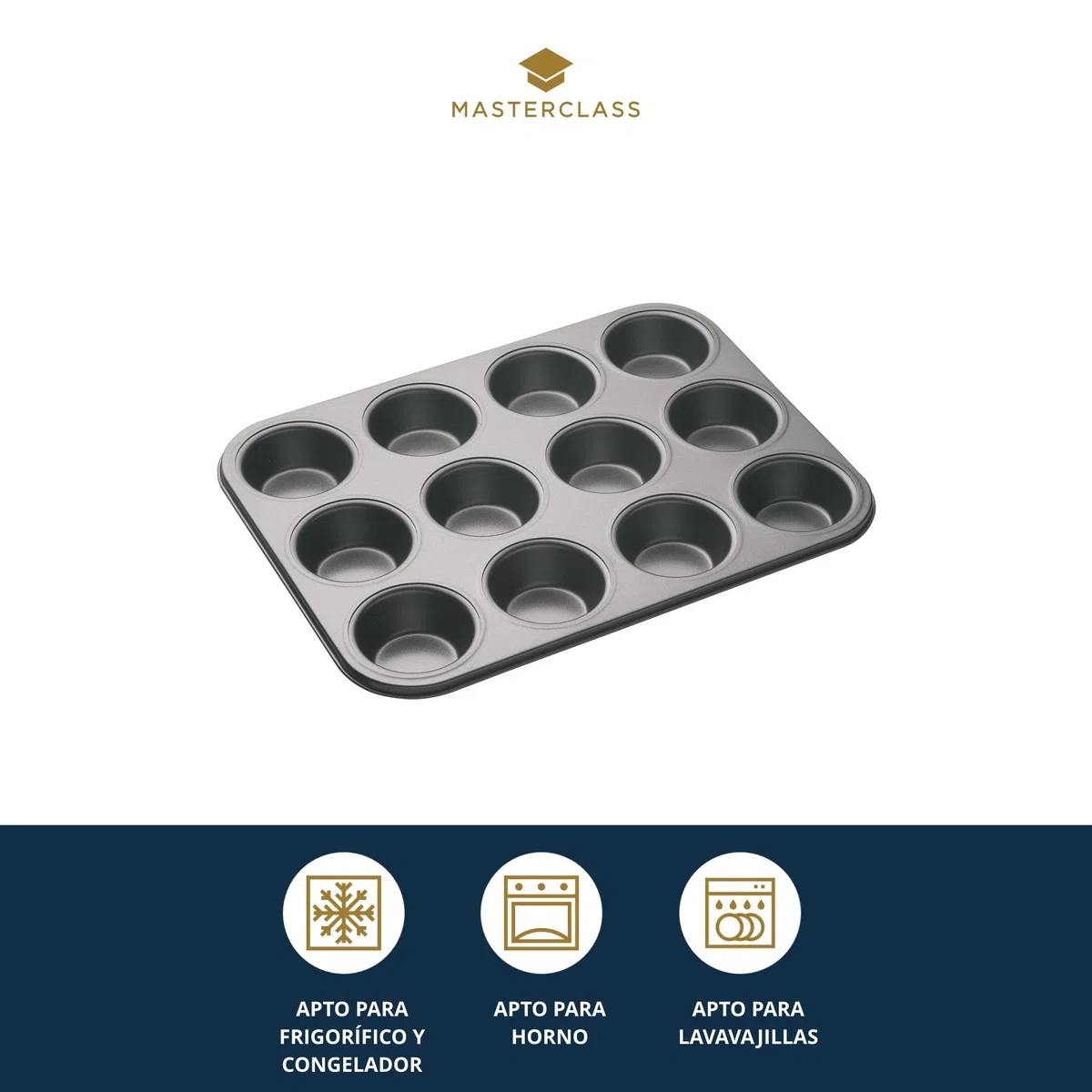Molde MasterClass, bandeja para magdalenas de 12 agujeros con revestimiento antiadherente, sin PFOA, PTFE ni BPA, bandeja de 35 x 27 cm con 7 agujeros de 2,5 cm, 20 años de garantía, 1 unidad