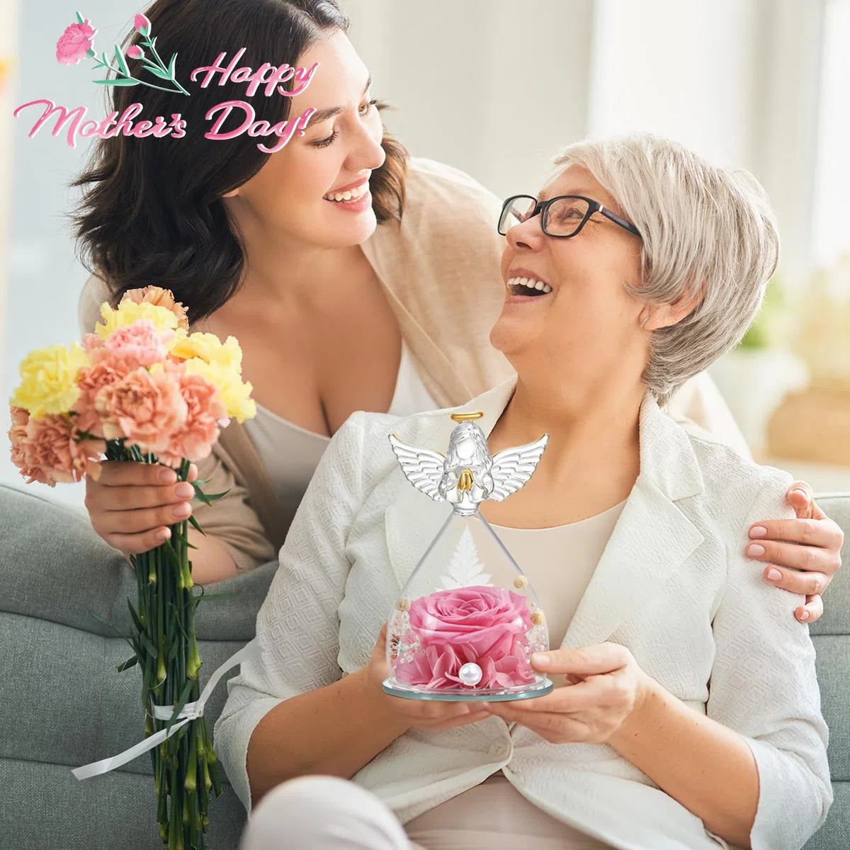 Regalos Navidad de Angel para Mamá Ella, Rosa Eterna en Cúpula de Cristal de Angel, Flores Preservadas Regalos Navidad Mama Abuela San Valentín Dia De la Madre Aniversario Pareja