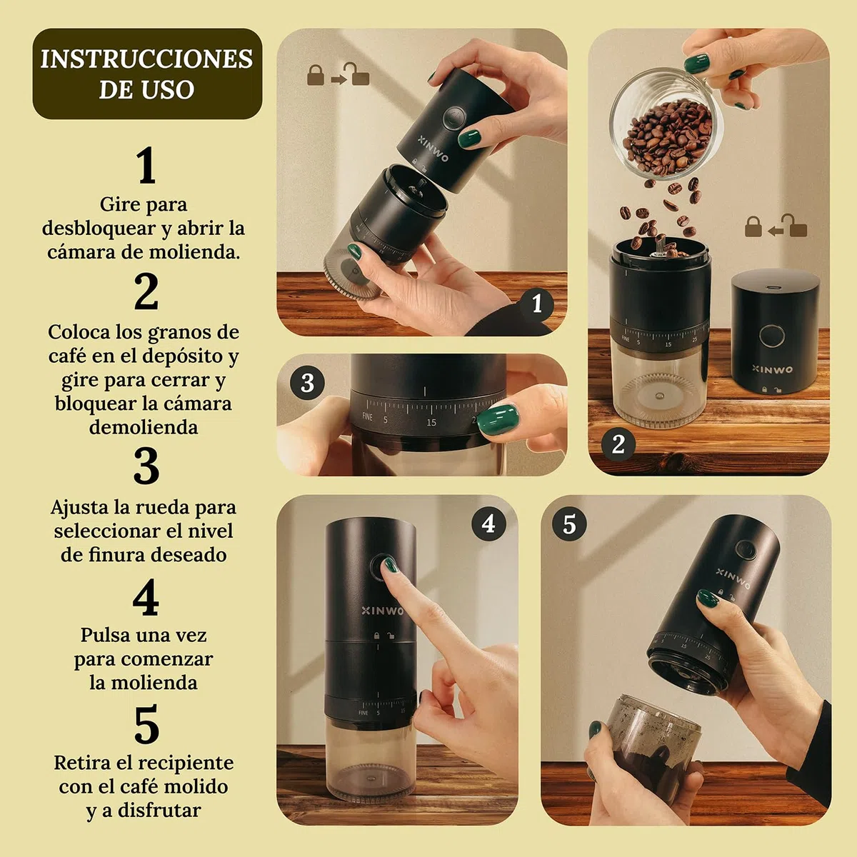 Abidjan | Molinillo de Café Eléctrico Recargable - 38 Niveles de Molienda, Muelas Cónicas de Cerámica, Doble Compartimento - Molido Fino a Grueso (0.1–4mm), USB-C - Negro Mate.
