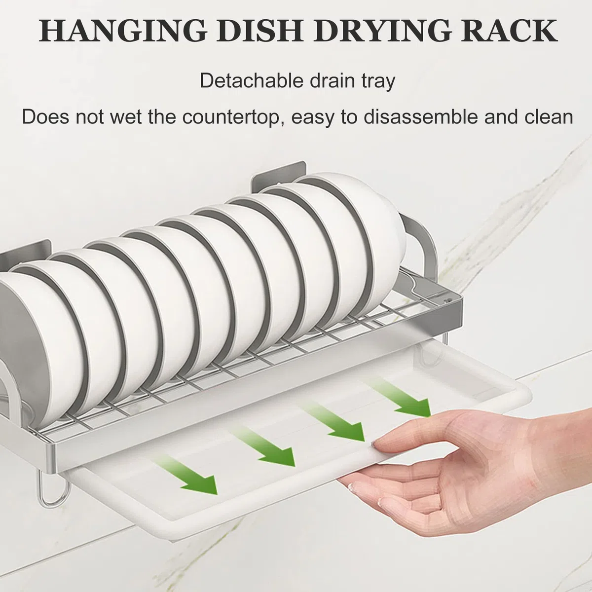 Escurridor de platos de acero inoxidable con soporte para cubiertos de pared y bandeja de drenaje para un almacenamiento y organización eficientes de la cocina