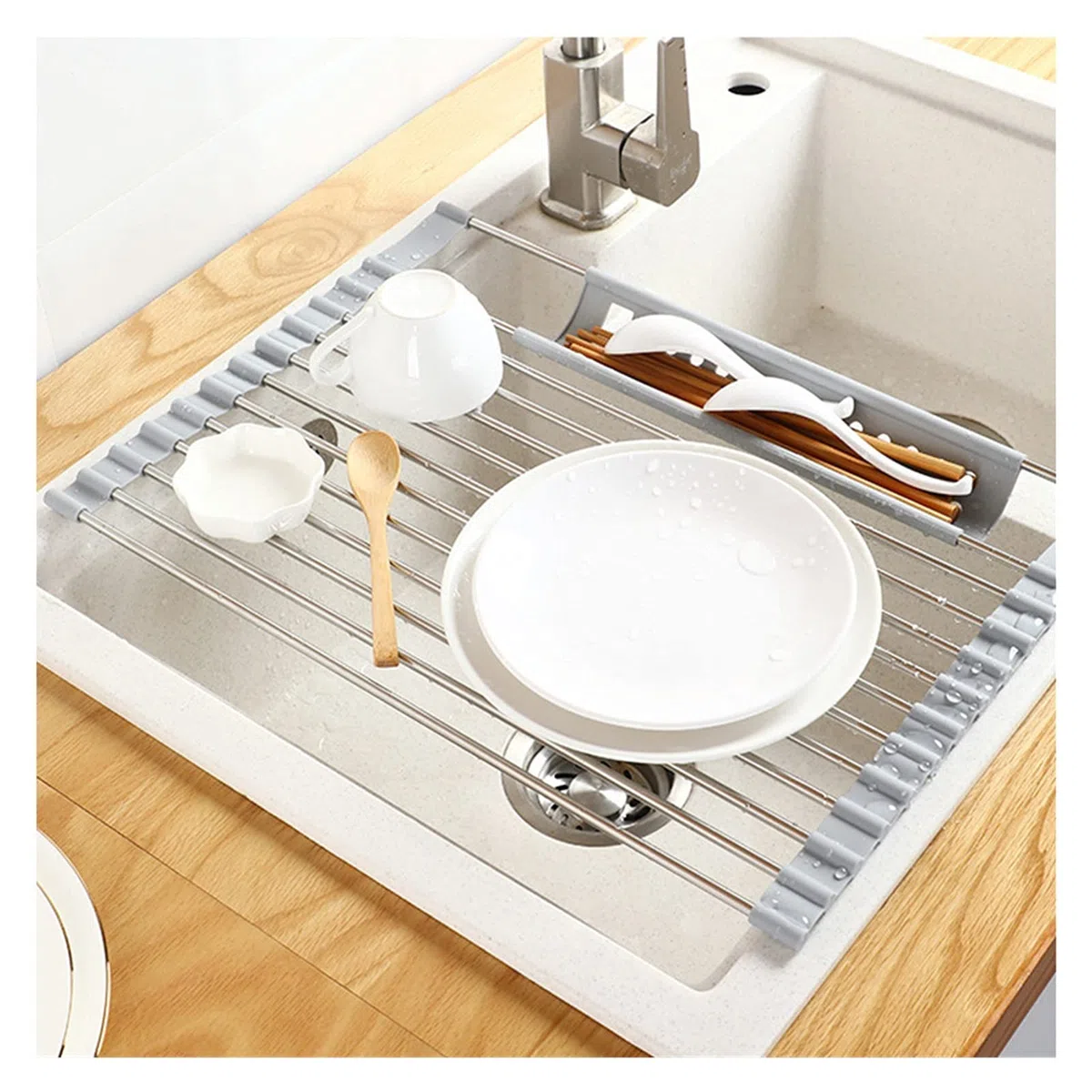 Colador Enrollable Rejilla para secar Platos Fregadero Escurridor de Platos rodante Rejilla para Fregadero Alambre de Acero Inoxidable Soporte para Almacenamiento de Fregadero Coladores/Cola