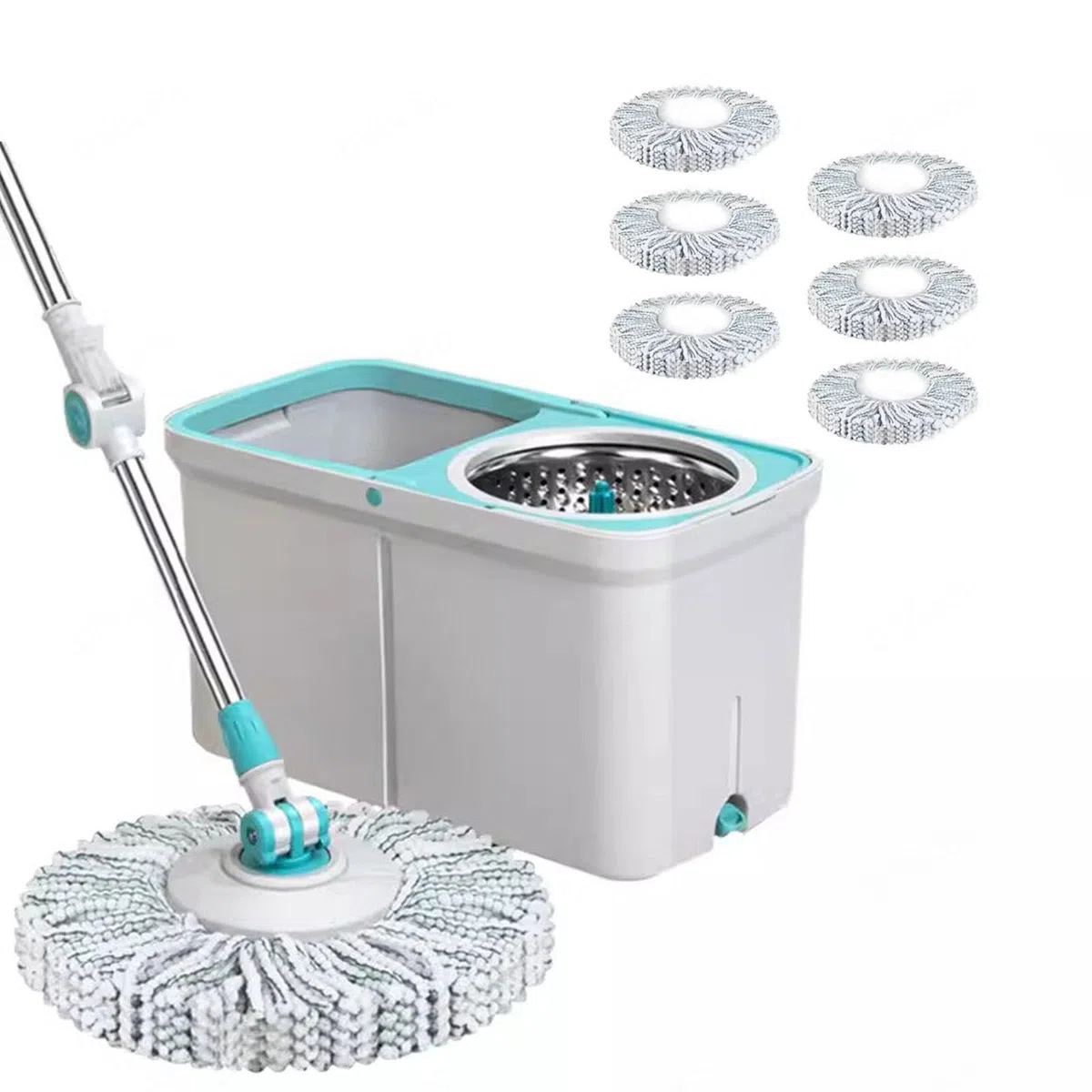 AMNOOL Juego de Fregona Giratoria y Cubeta con Escurridor - Uso Húmedo/seco en Madera Dura y Baldosas - Cubo de Fregona Autoescurrido con 7 Cabezales de Fregona Lavables de Microfibra