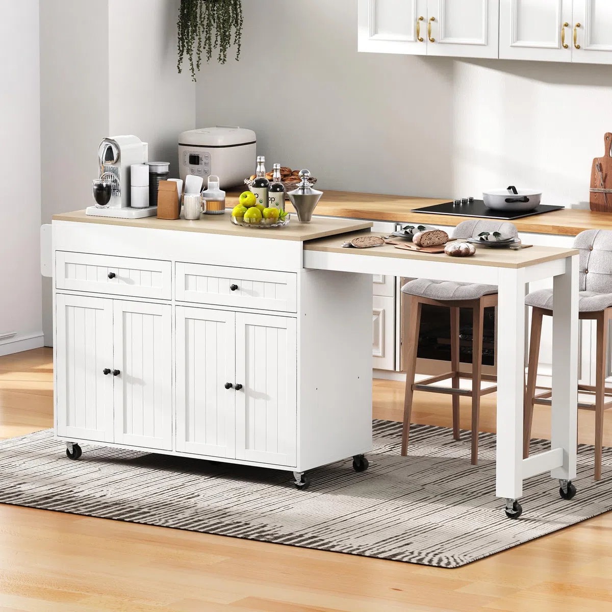 Merax Isla de cocina ultramoderna con espacio de almacenamiento, mesa de bar extensible con encimera, isla de cocina con ruedas, 2 cajones, 2 armarios y estante para especias, carrito de cocina móvil