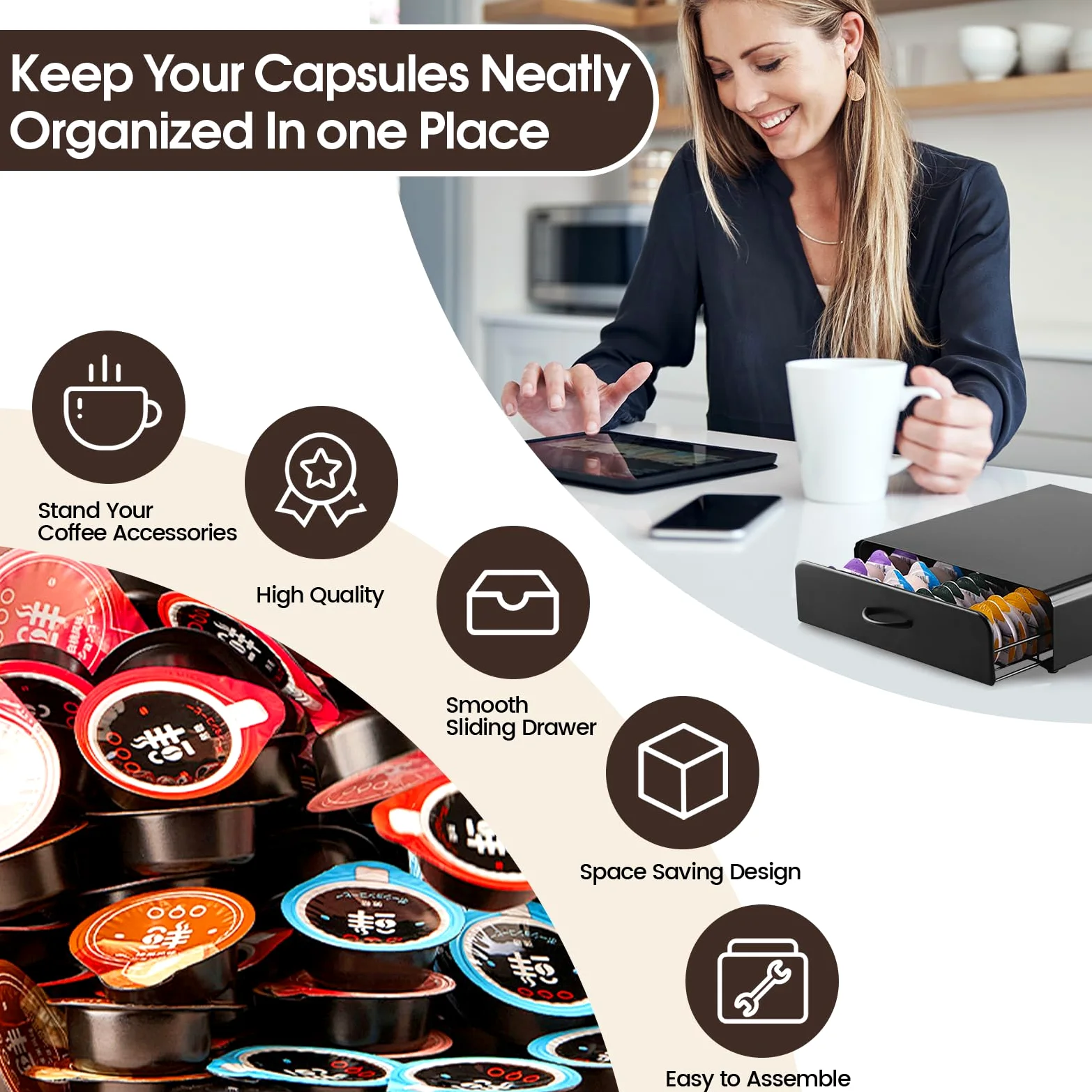 UCAMP Soporte para Cápsulas de Café,Soporte Organizador,Dispensador Capsulas Compatible,Cajón para Almacenar Cápsulas(Capacidad 64),Soportes para Cápsulas de Café,Organizador de Encimera