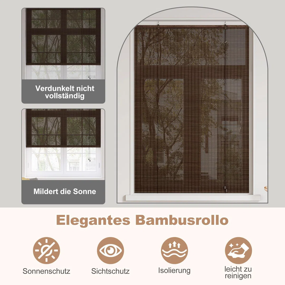 WOLTU Estores de Bambú, Persianas Enrollables para Exterior e Interior, Cortina de Bambú Natural, Estor Transpirable de Puertas o Ventanas, Protección Solar y Privacidad, Marrón Oscuro, 80x220 cm