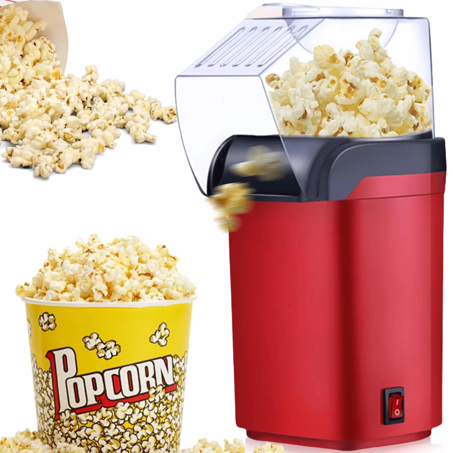Máquina de palomitas de maíz con aire caliente, 1200 W, sin grasa, sin aceite, palomitas de maíz rápidas en 2-3 minutos, manejo con un solo toque, máquina compacta para palomitas de maíz para el hogar