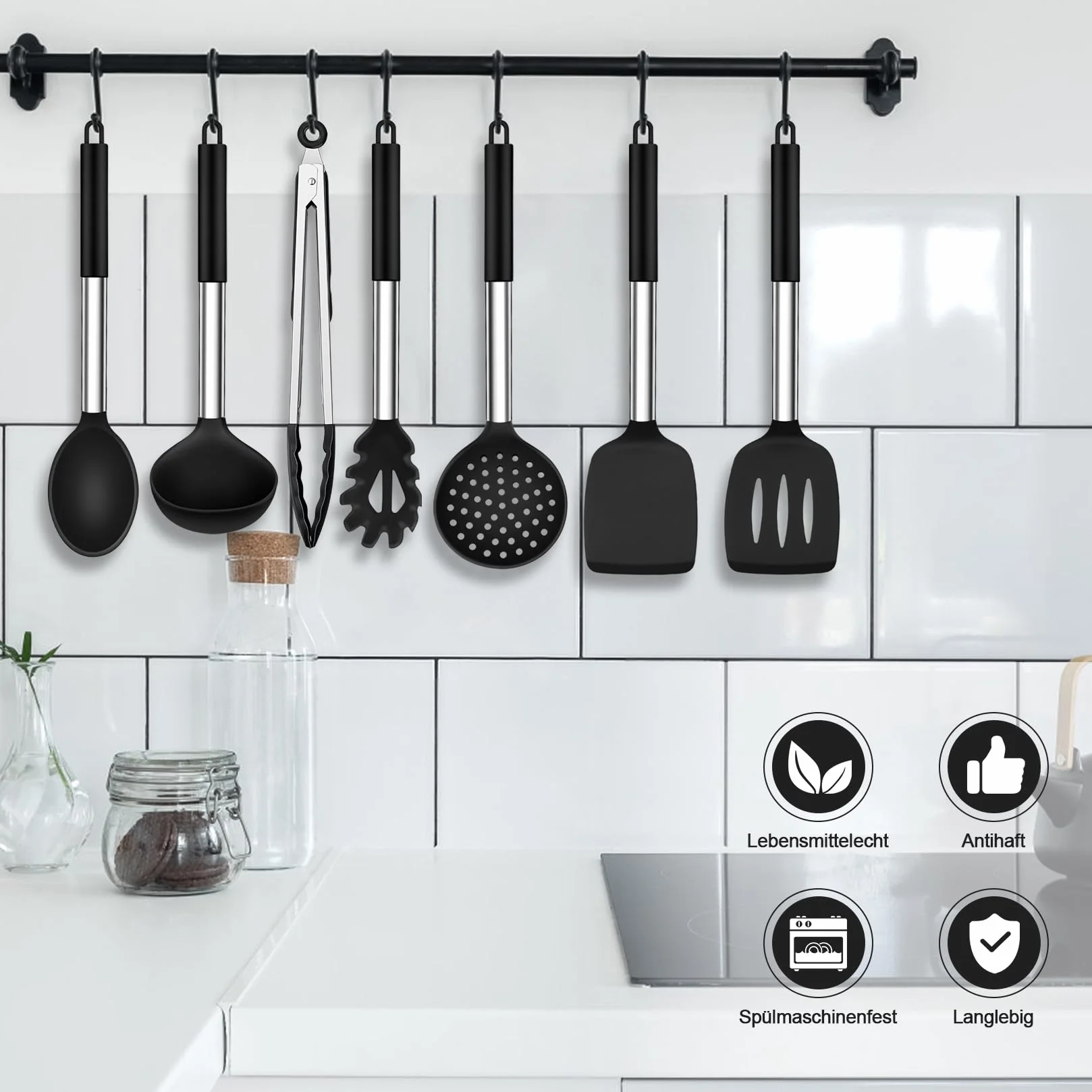 Onader Juego de utensilios de cocina, 7 unidades, de silicona, con mango de acero inoxidable, antiadherente, seguro para utensilios de cocina, resistentes al calor y aptos para lavavajillas, color