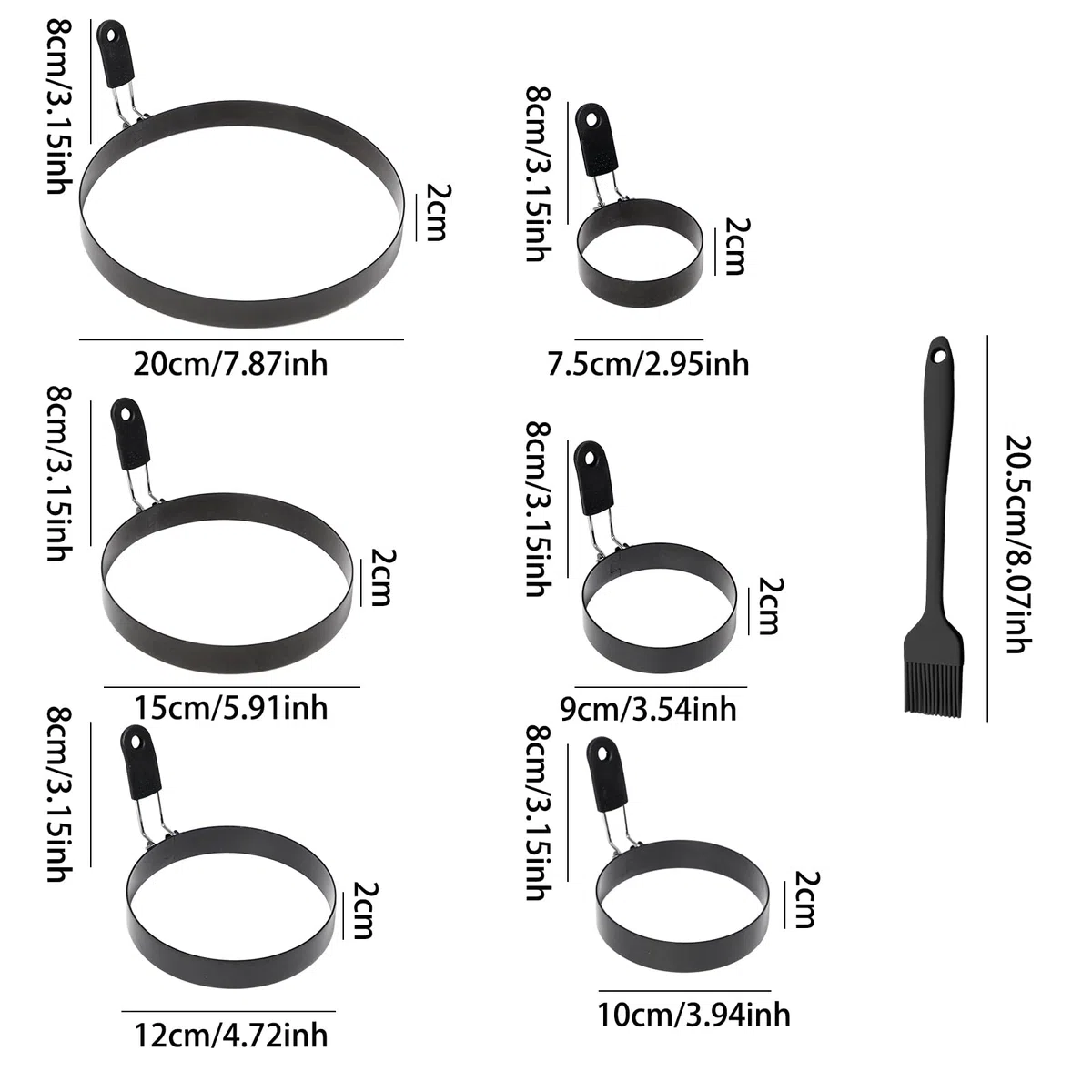 6 Piezas Anillos de Huevo Antiadherentes de Acero Inoxidable Anillos de Huevo Frito con Mango Anillos de Huevo Antiadherentes para Cocinar Huevos Fritos,Panqueques(7.5/9/10/12/15/20cm)