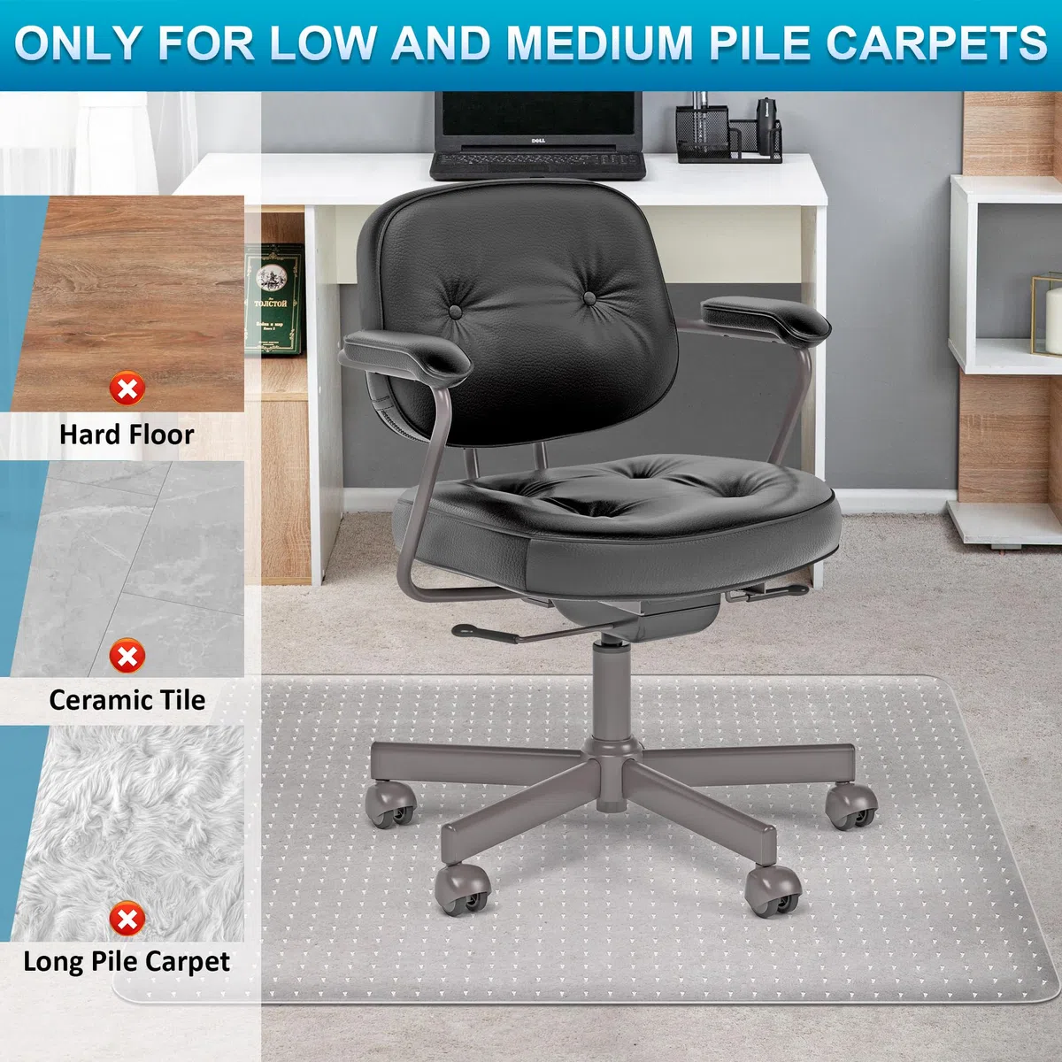 BesWin Alfombrilla de silla de oficina para alfombras, 75 x 120 cm, tapete de PVC para silla de escritorio para suelos de pelo bajo, protector de suelo resistente para silla rodante de oficina en casa