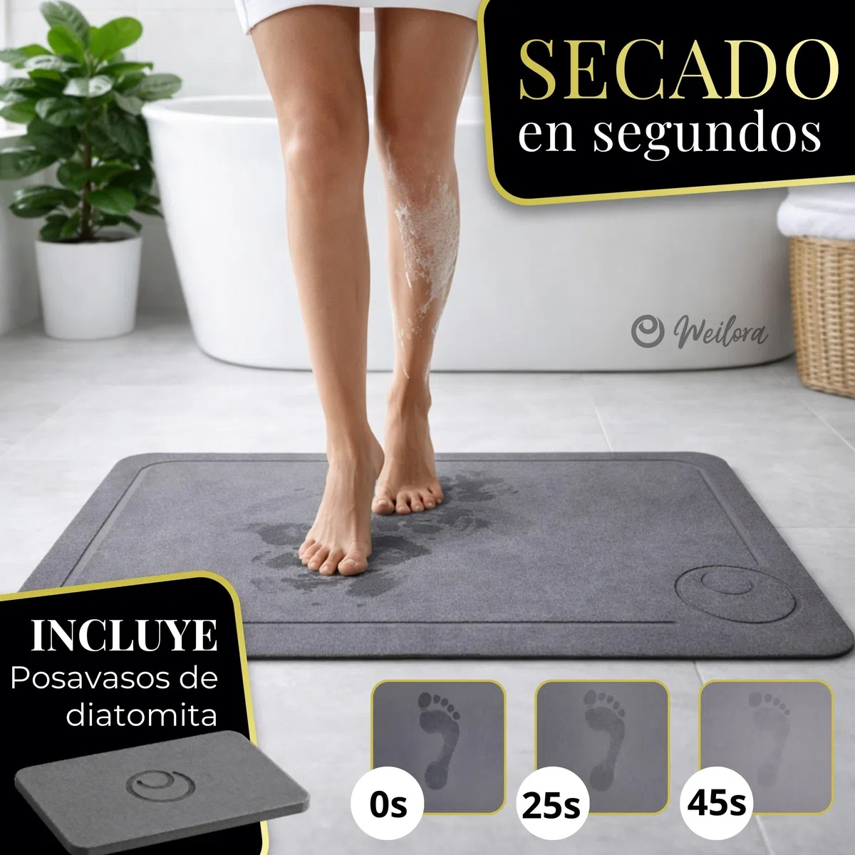 Alfombra Piedra Diatomita Baño 60x39 cm + Posavasos, Secado Ultra Rápido, Antideslizante con Malla, Sin Olores, Sin Moho – Alfombra Diatomita Baño Piedra Gris Antracita.