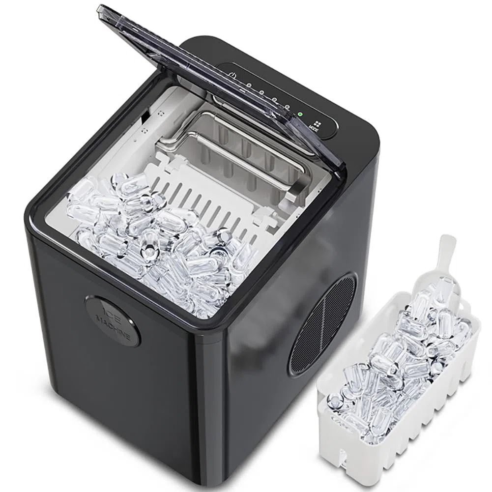 Fabricante de hielo de nugget de encimera, máquina de hielo compacta de 9 pcs/6 minutos, cubo de hielo de 2 tamaño, auto limpieza, para bar de casa, encimera de cocina, vehículos recreativos black