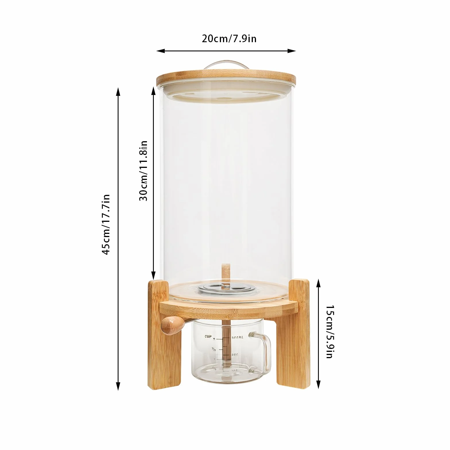 Dispensador de cereales (7,5 L, con válvula y base redonda) | Tarro de cristal, tapa de bambú, junta de silicona, termómetro integrado, vaso medidor, 45 cm de altura total