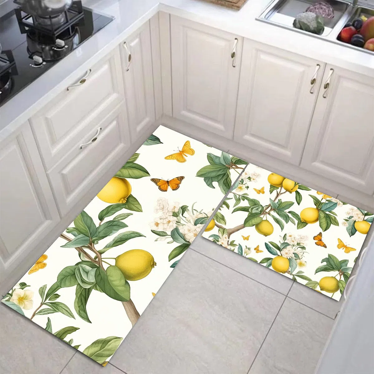 2 Piezas Antideslizante Cocina Absorbente Lavable Jardín De Limones Alfombra De Pie De Cocina Plantas Naturales para Comedor Dormitorio Portal Salón 43X75+43X150Cm, Verde Claro