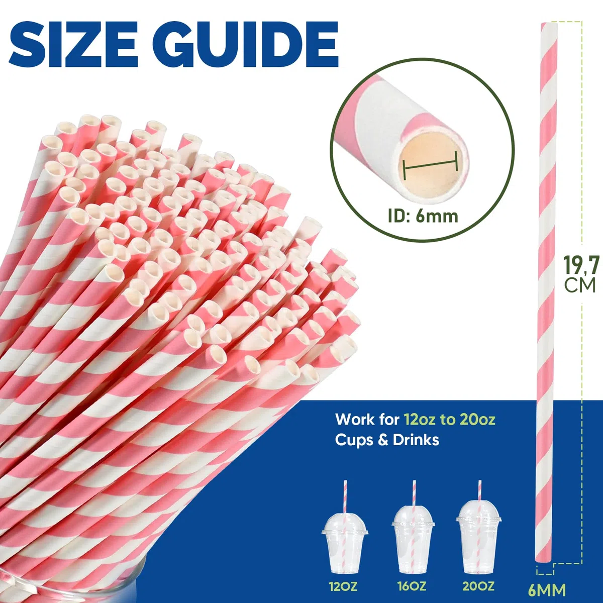 Pajitas desechables de papel con rayas rosas/blancas, 1000 unidades, 19,7 cm x 0,6 cm, biodegradables y compostables, PS0197061KPK