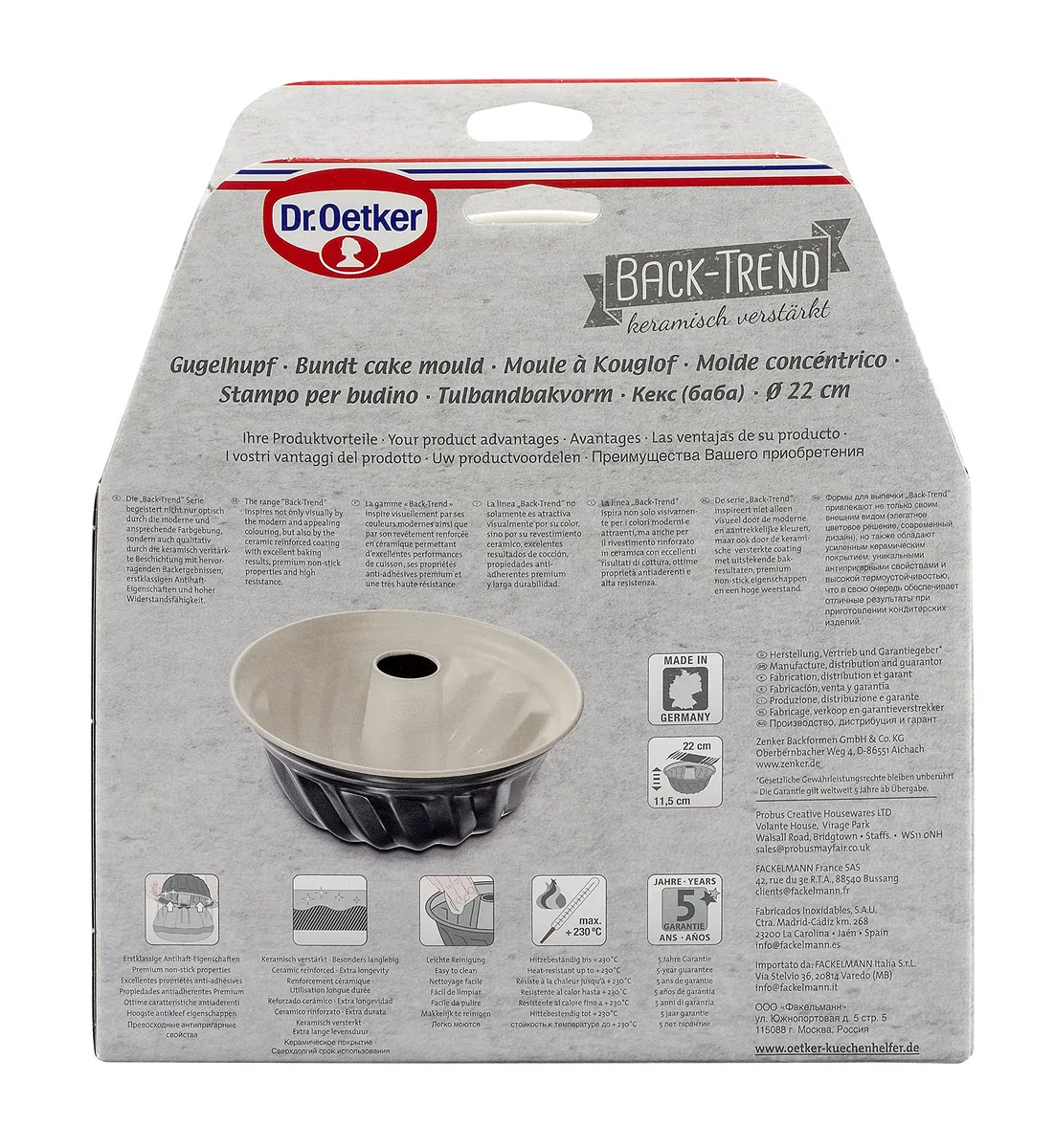 Dr. Oetker Molde Hornear Rosco Alto o Savarin en Acero Reforzado con Cerámica y Revestimiento Antiadherente Especial, 22x11,5cm, Gris Marengo y Crema, 22 cm, 1 ud
