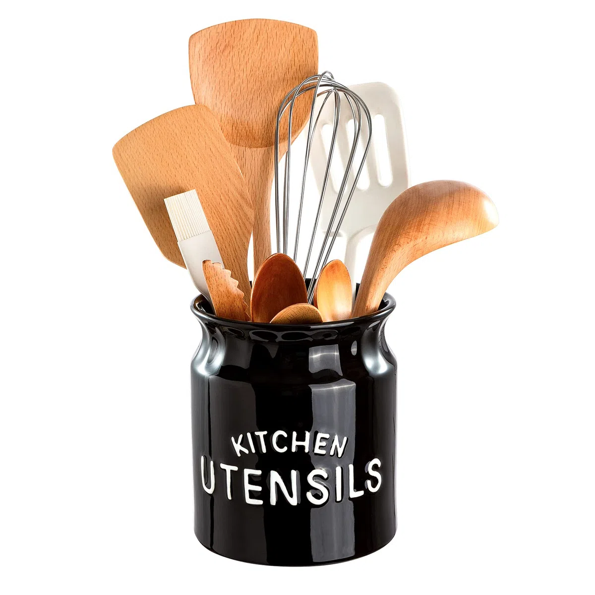 Kitchen Utensilhalter, großer Bauernhaus Utensilhalter für Arbeitsplatten, dekorative Keramikkoch -Utensilien, Schockhalter für Küchentheke, 14 x 16 cm, Schwarz
