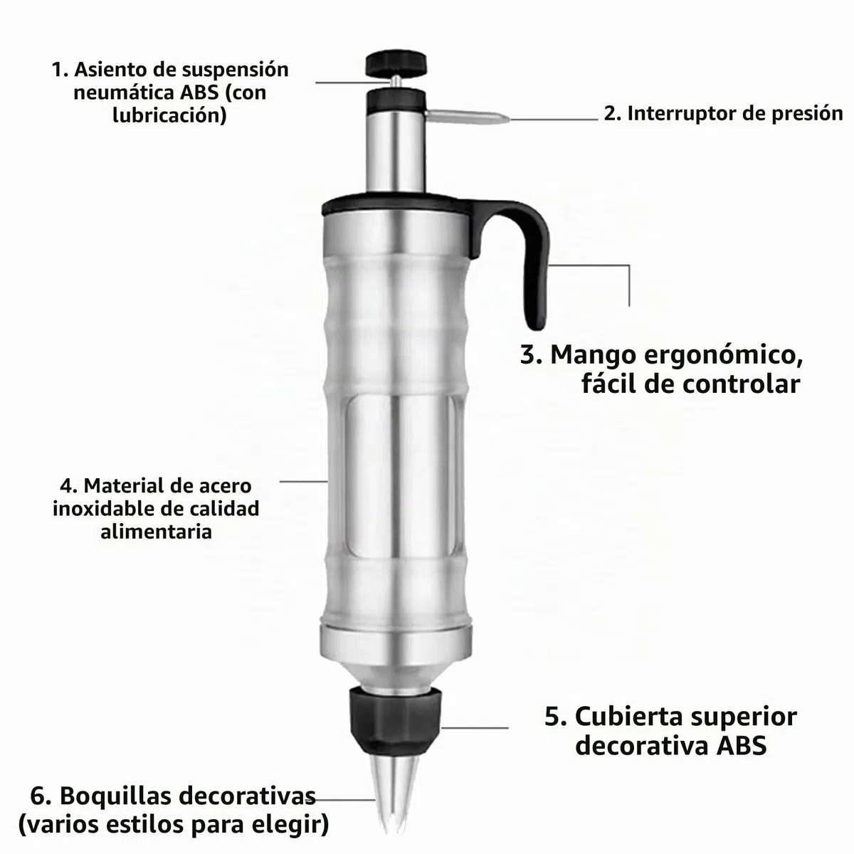 Jeringa profesional de acero inoxidable HAPPOW con 6 boquillas y manga pastelera reutilizable, ideal para cupcakes y pasteles