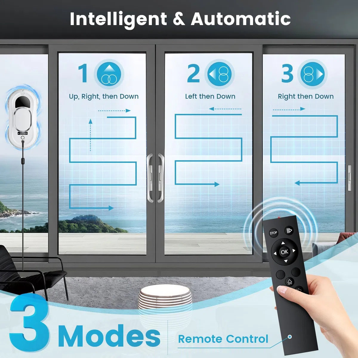 Robot Limpiacristales 3 Modos de Limpieza Robot Limpieza de Ventanas Electrico con 8 Trapo