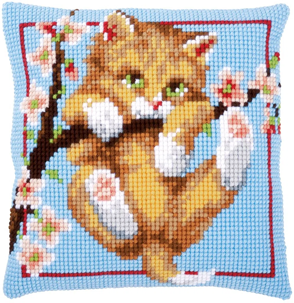 VERVACO Punto De Cruz Kit Cojin Decorativo Gatito EN EL ÁRBOL Manualidades Adultos Decoracion Bordar Kit Principiantes Completo DIY Bordado Creativo Regalo ca. 40x40 cm Cross Stitch Embroidery