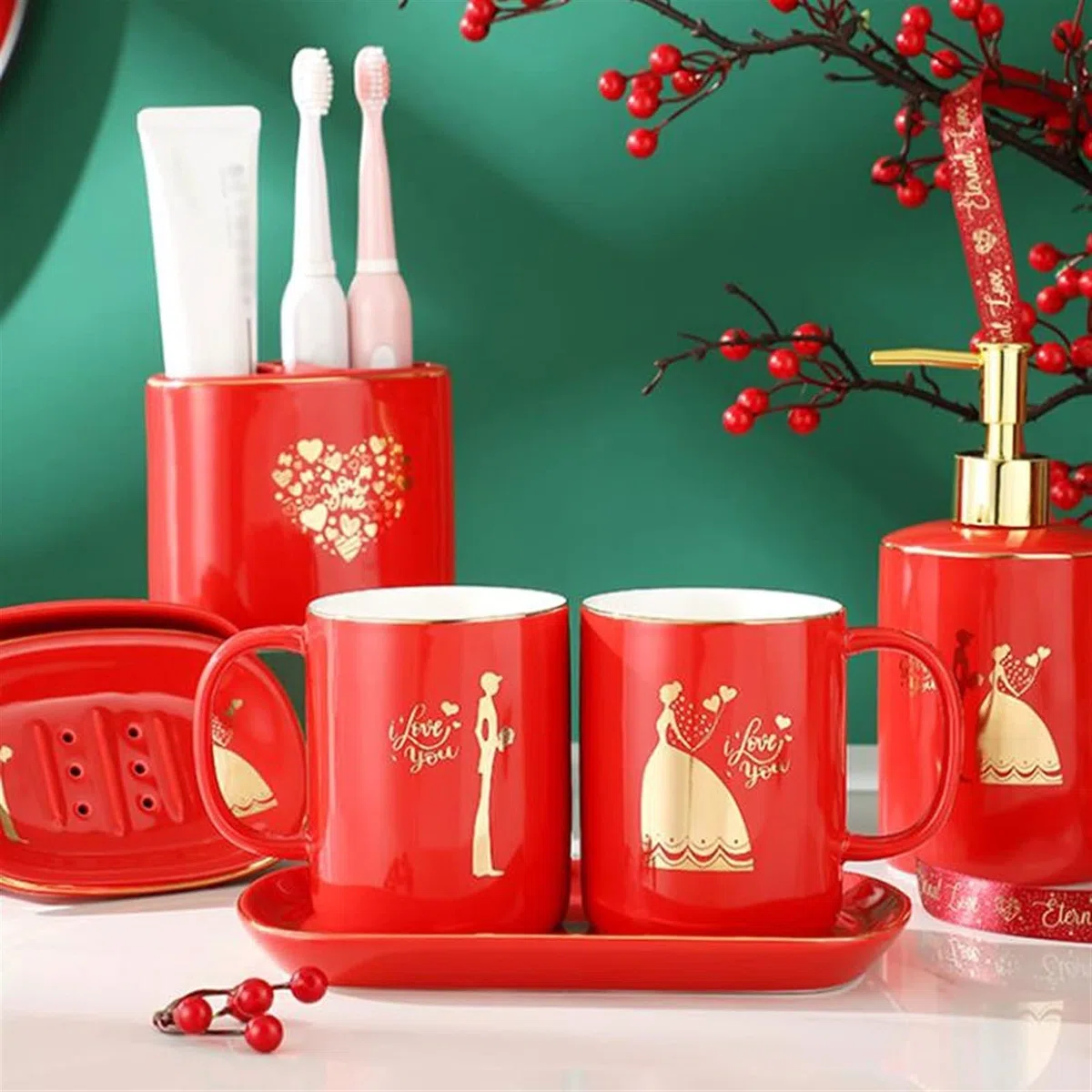 Dosificador de jabón Accesorios de baño Conjunto de cerámica Cerámica de 6 piezas Rojo - Kit de decoración de baño incluye dispensador de jabón Soporte de cepillo de dientes Soporte de cepillo de vaso