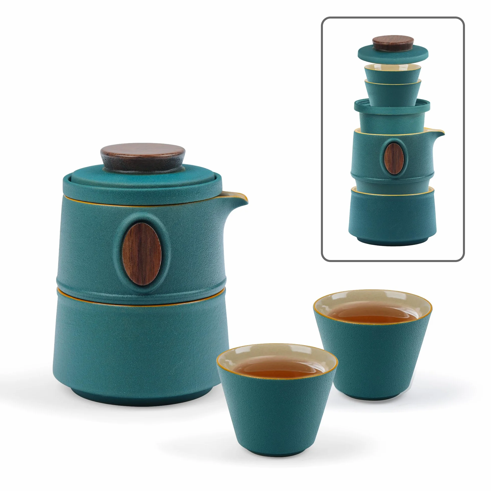 fanquare Juego de Té Portátil de Viaje con Estuche Tetera de Kung Fu China de Porcelana Verde con Infusor Mini 1 Tetera 3 Tazas para Exterior