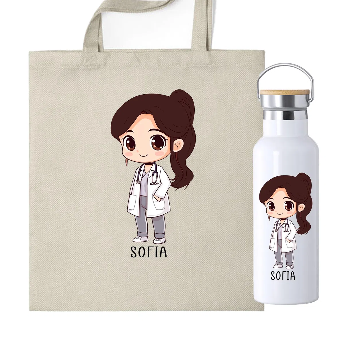 Pack Botella termica + Bolsa personalizada con ilustracion de medica, regalo para medicos ideal, elige el color de pelo y el nombre. (Pack botella + bolsa médica personalizada MORENA)