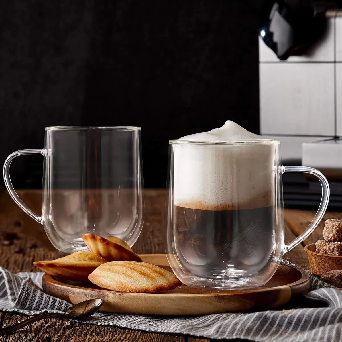 Joeyan 450ml Tazas de Café de Cristal Grande,Juego de 2 Tazas de Vidrio Borosilicato con Asa,Vaso Termico Frio de Doble Pared Transparente,para Té,Cerveza,Agua,Latte,Leche,Cappuccino,Macchiato,Sidra