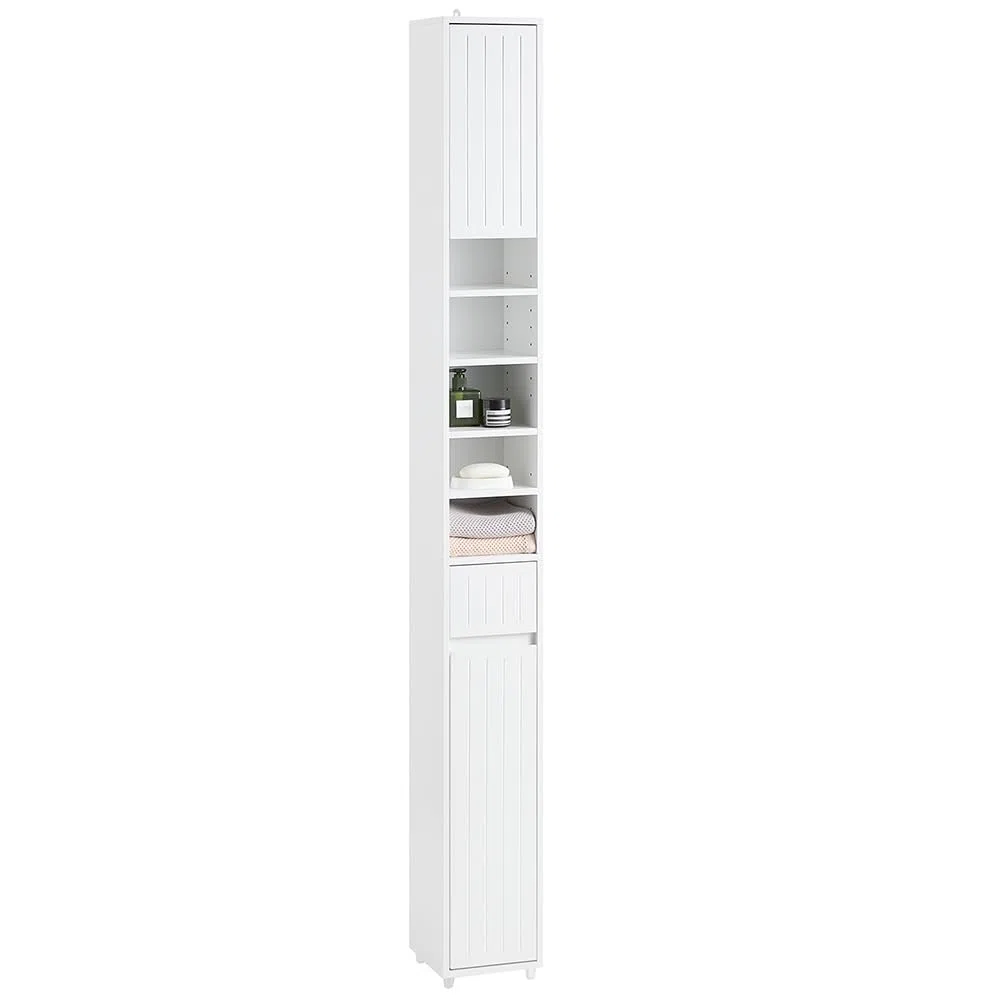 SoBuy Mueble Baño Alto Armario Baño Estrecho 20x180x20 cm Blanco | Mueble Baño Auxiliar, Armario Columna Baño con Puertas, Cajón y Estantes, Mueble Almacenaje Estrecho, BZR160-W