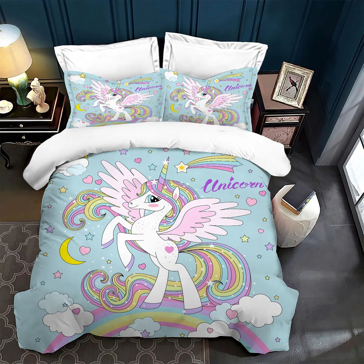 Juego de Ropa de Cama para niña con Unicornio Rosa,Juego de Funda nórdica Infantil con Estampado de Unicornio de Dibujos Animados,con arcoíris,Nubes y Caballos (135 x 200 cm, C)