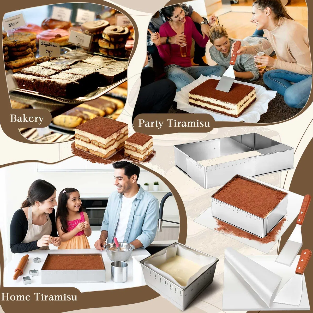 Blushtier Juego de 13 moldes de tiramisú extensibles rectangulares para tartas, moldes ajustables de acero inoxidable para mousse de 45,7 x 33,0 x 10,2 cm con raspador de pergamino para hornear