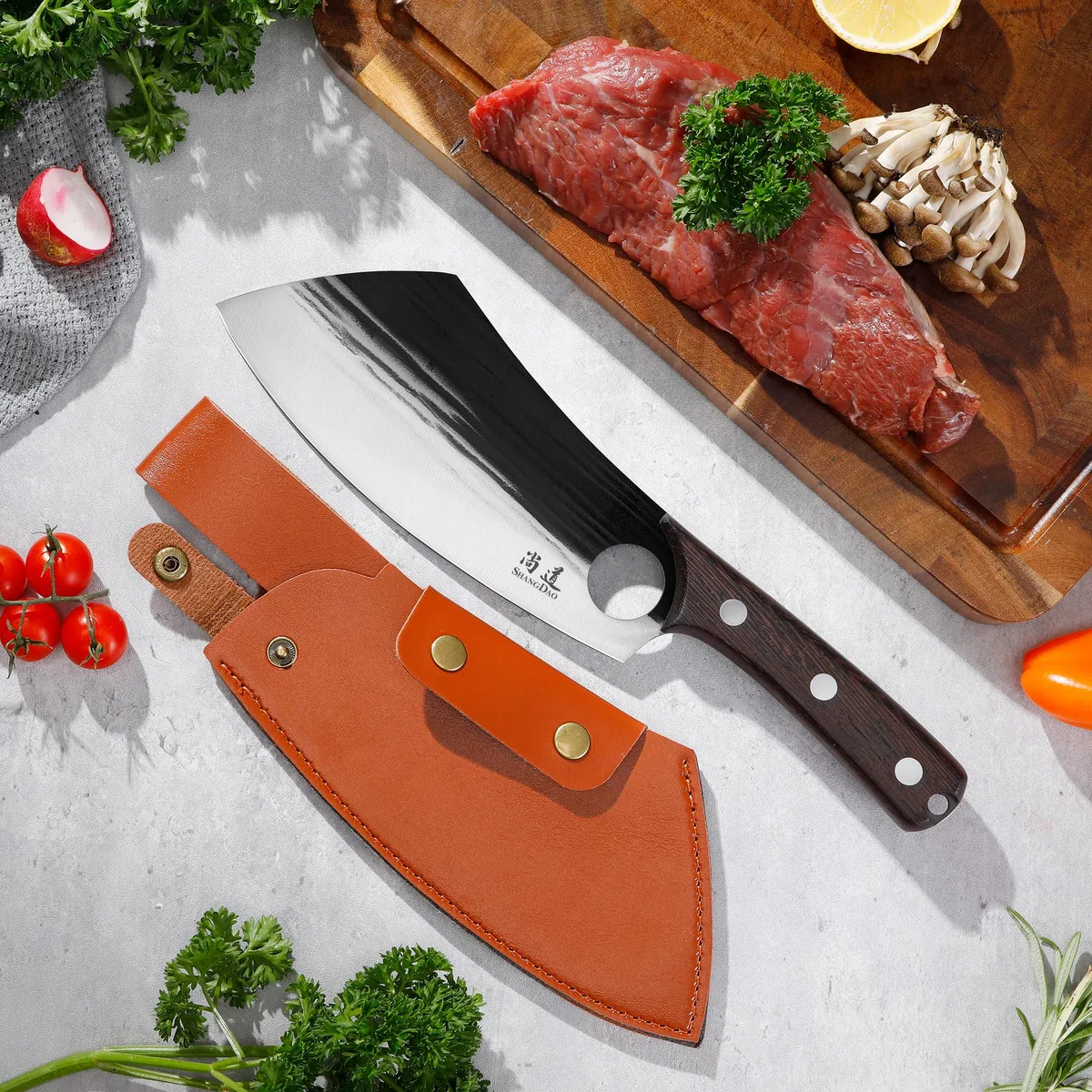 SHANGDAO Cuchillo de chef de 19 cm, cuchillo de chef serbio mejorado, cuchillo de carnicero para cortar carne, cuchillo de carnicero forjado con funda, cuchillo de cocina de espiga