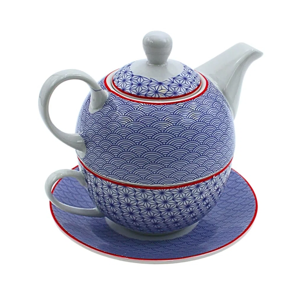 Dekohelden24 Jarra de porcelana, juego Tea for one, jarra para servir té, tetera, juego de té, taza de té con tetera, juego de teteras retro con taza de té de porcelana en azul, 15 x 15 x 16 cm (L/A/H