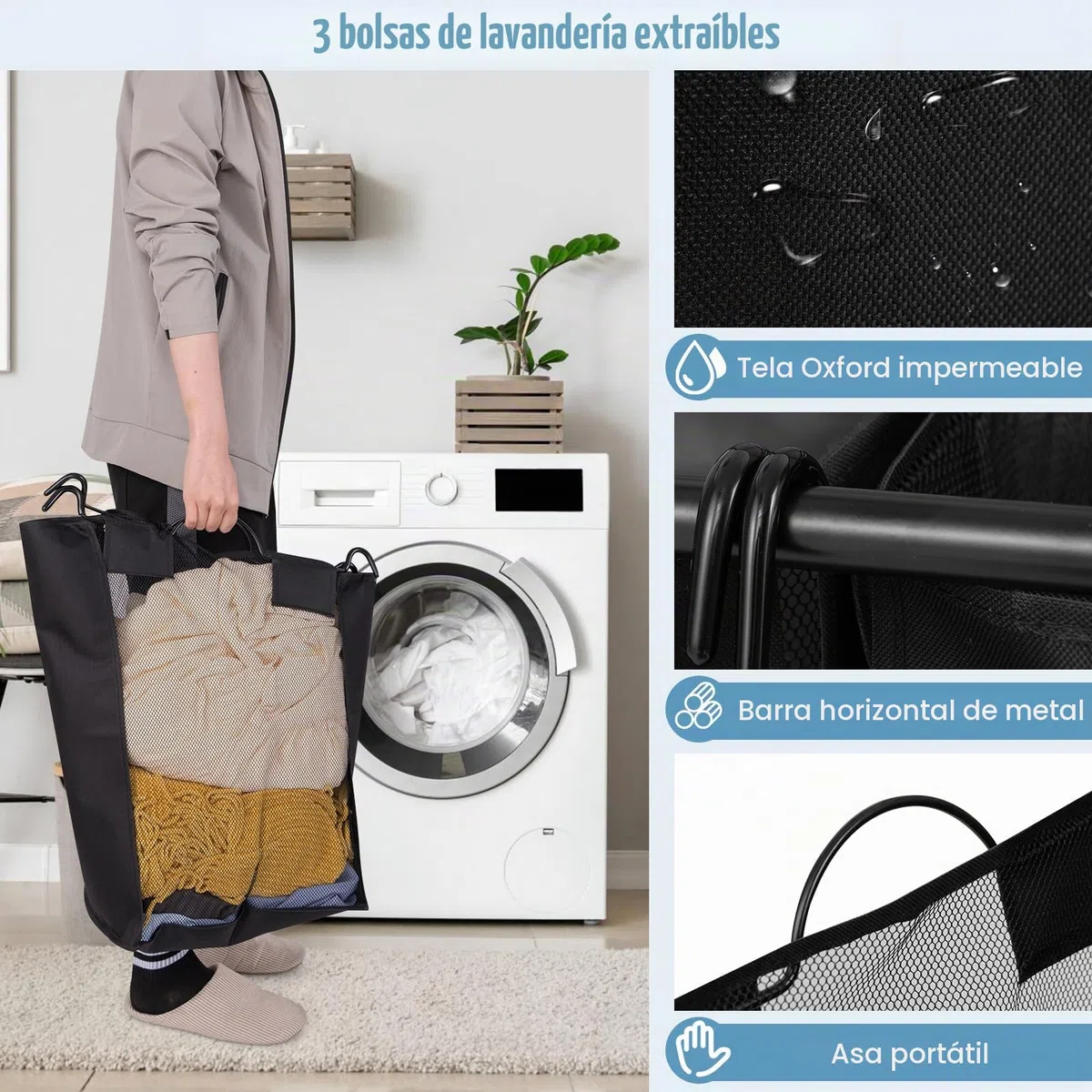 GIANTEX Clasificador de Ropa con 3 Bolsas Extraíbles, 80,5 x 41,5 x 87,5 cm, Cesta de Colada con Tablero Superior y Ruedas, Mueble de Almacenamiento para Baño, Lavandería, Negro