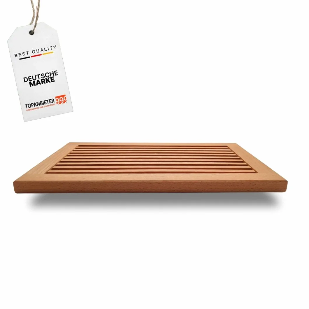 Tabla de cortar pan fabricada en la UE con rejilla para migas y asas de madera de haya aceitada, 40 x 25 cm, tabla de cortar pan, baguettes y panecillos, tabla de servir – aceitada y sostenible
