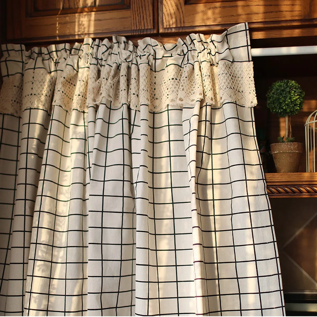 A.Monamour Cortina Cocina Ventana Puerta Corta Pequeña Farmhouse Algodón Lino Encaje Negro Blanco A Cuadros Buffalo Opaco Bolsillo para Varilla Panel Cenefa Rustica Bistro para Dormitorio Café Baño