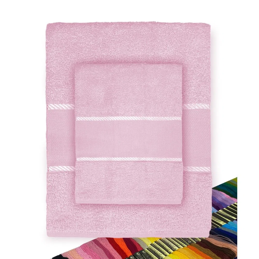 Tex family Juego de toallas de rizo de tela Aida para bordar punto de cruz 1+1 cara e invitado con hilo de regalo - Rosa